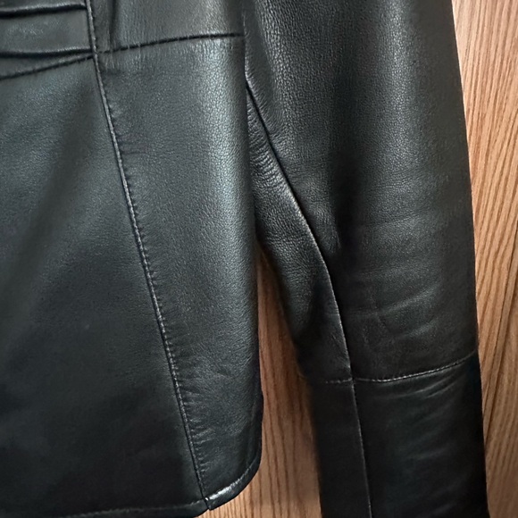Black Moto Leather Jacket with Ruched Front and Fitted Silhouette L - Picture 4 of 8